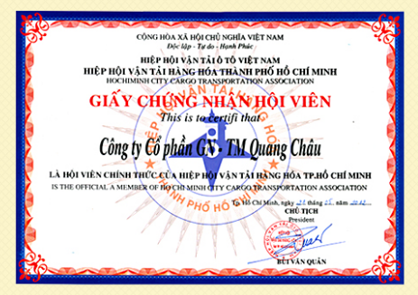 Chứng nhận - Vận Tải Quang Châu - Công Ty CP Vận Tải Giao Nhận & TM Quang Châu